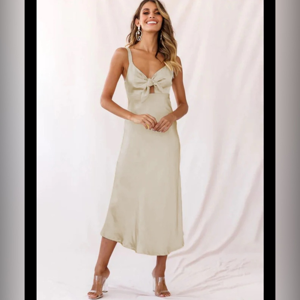 Francesca’s champagne midi dress, tie front